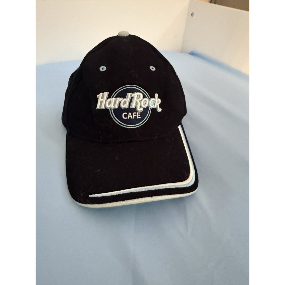 Vtg Hard Rock Cafe Hong Kong Strapback Baseball Hat Cap Black Light Blue Logo